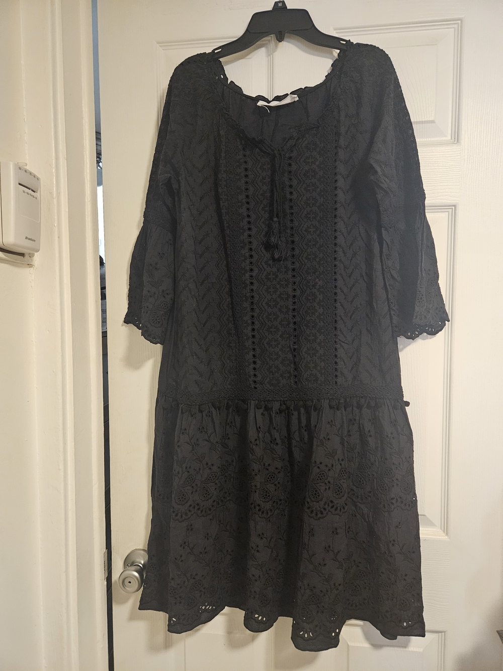 Black Eyelet With Sleeves Drop Waist Tunic Dress Boho